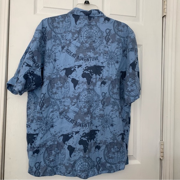 Vintage Shirt Mens Large World Map Abstract Camp Short Sleeve Blue Linen Button - Picture 2 of 6